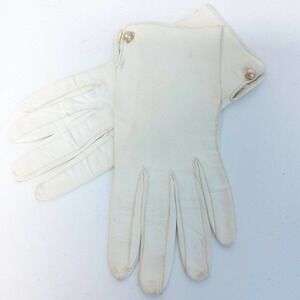 Vintage White Kid Leather Womens Gloves Button wrist R